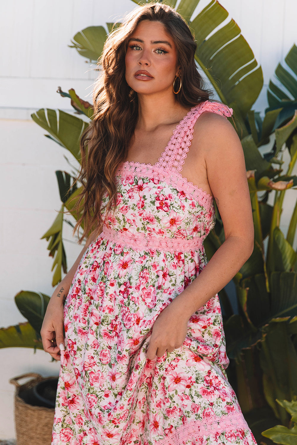 Pink Floral Lace Strap Empire Waist Maxi Dress with Pockets