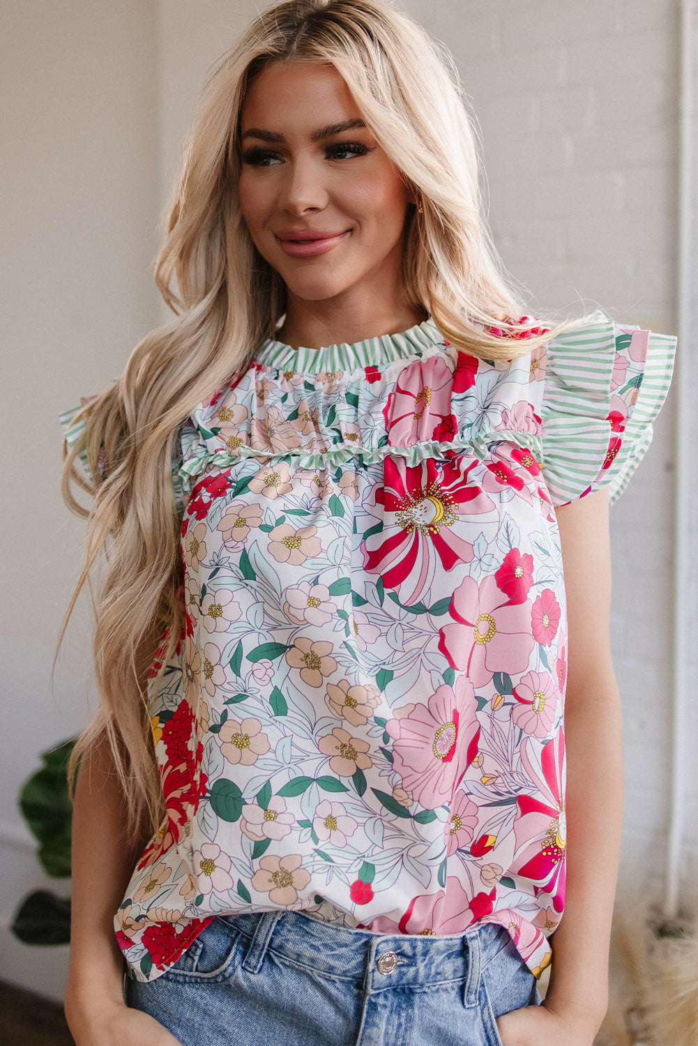 Floral Print Green Stripe Ruffles Contras Trim Cap Sleeve Blouse