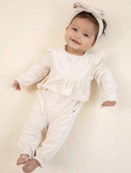 Mud Pie Ivory Ribbed Velour Ruffle Roper & Headband