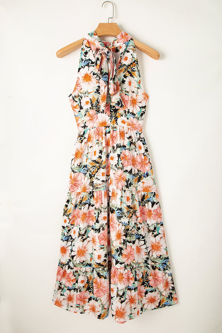Floral Boho Style Halter Top Sleeveless Teired Maxi Dress