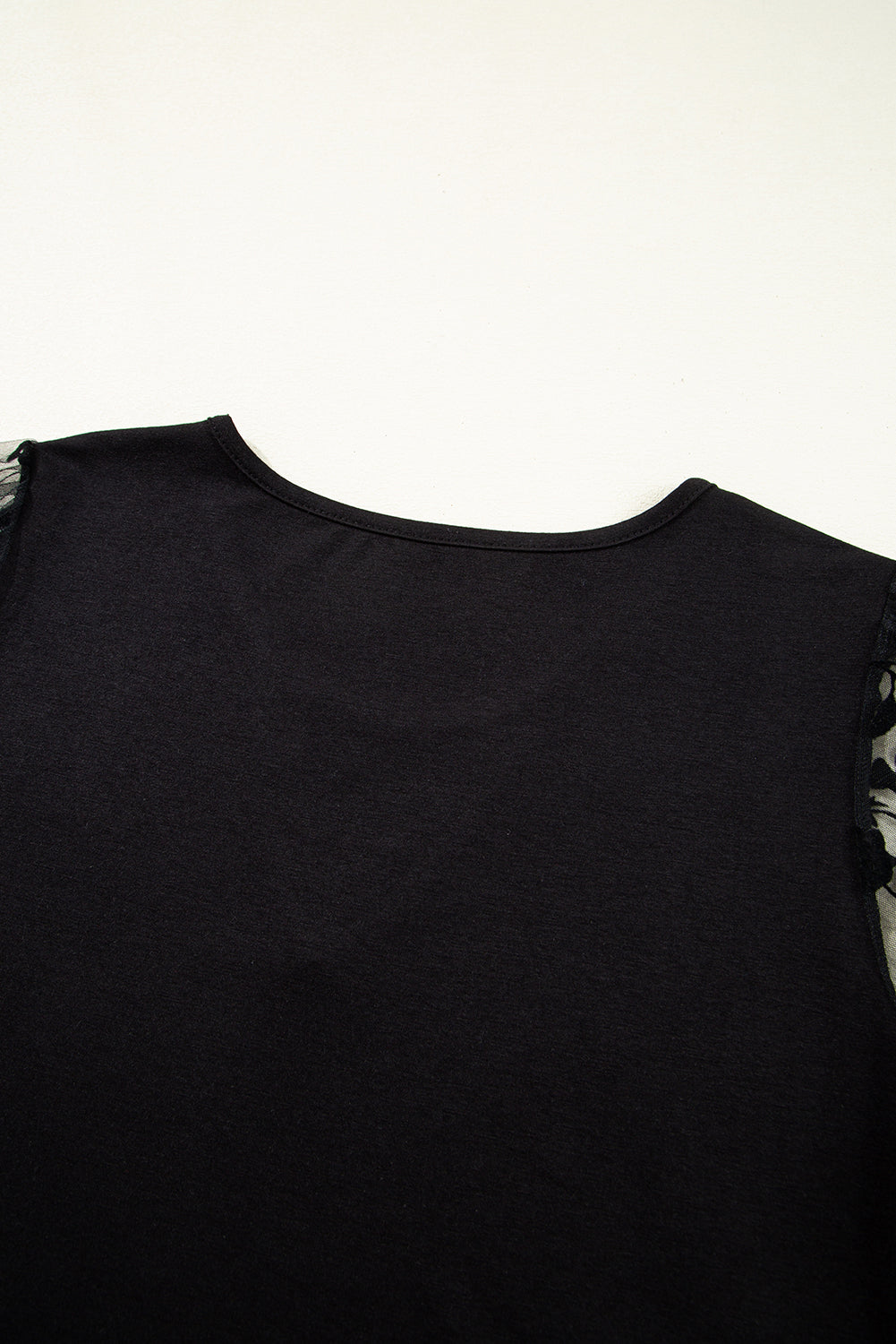 Black Short Sleeve Blouse with Sheer Floral Lace Sleeves