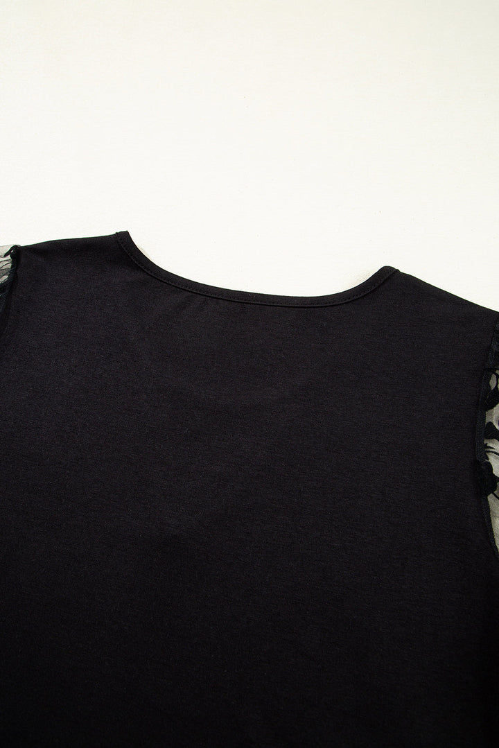 Black Short Sleeve Blouse with Sheer Floral Lace Sleeves