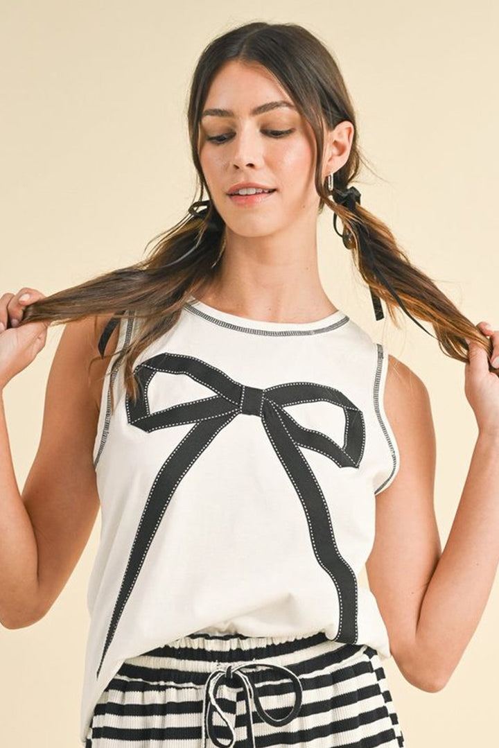 White Sleeveless Bow Graphic Tank Top With Black Stitching