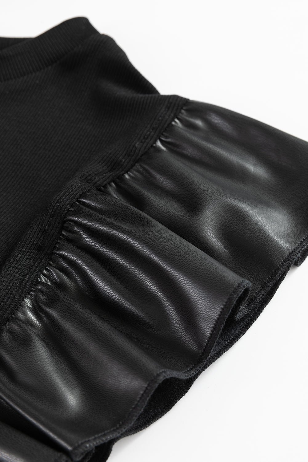Black Ribbed Blouse with Faux Leather Ruffle Cap Sleeves