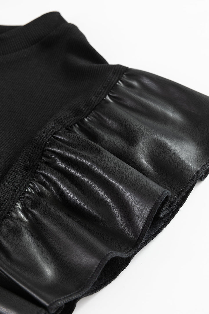 Black Ribbed Blouse with Faux Leather Ruffle Cap Sleeves