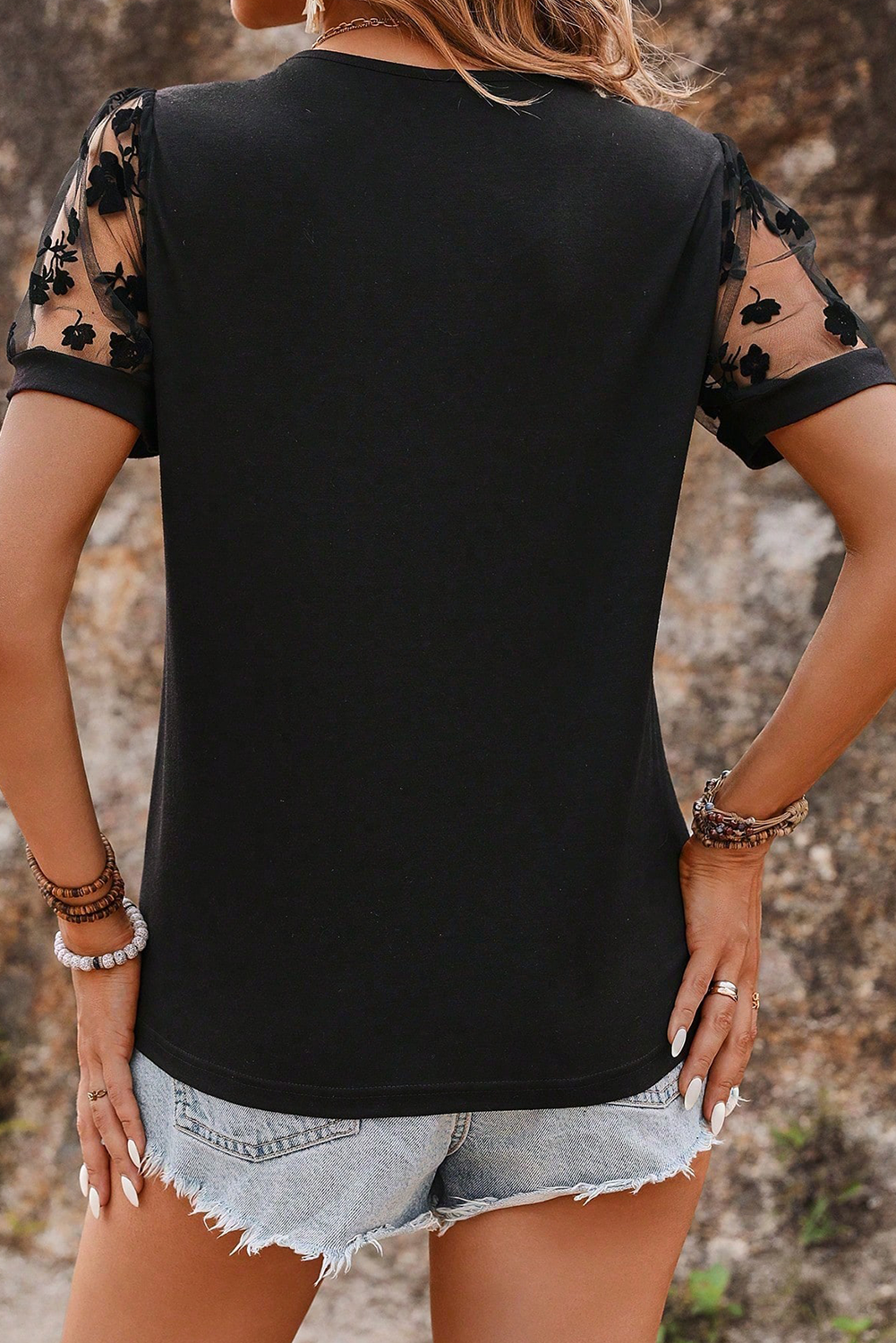 Black Short Sleeve Blouse with Sheer Floral Lace Sleeves
