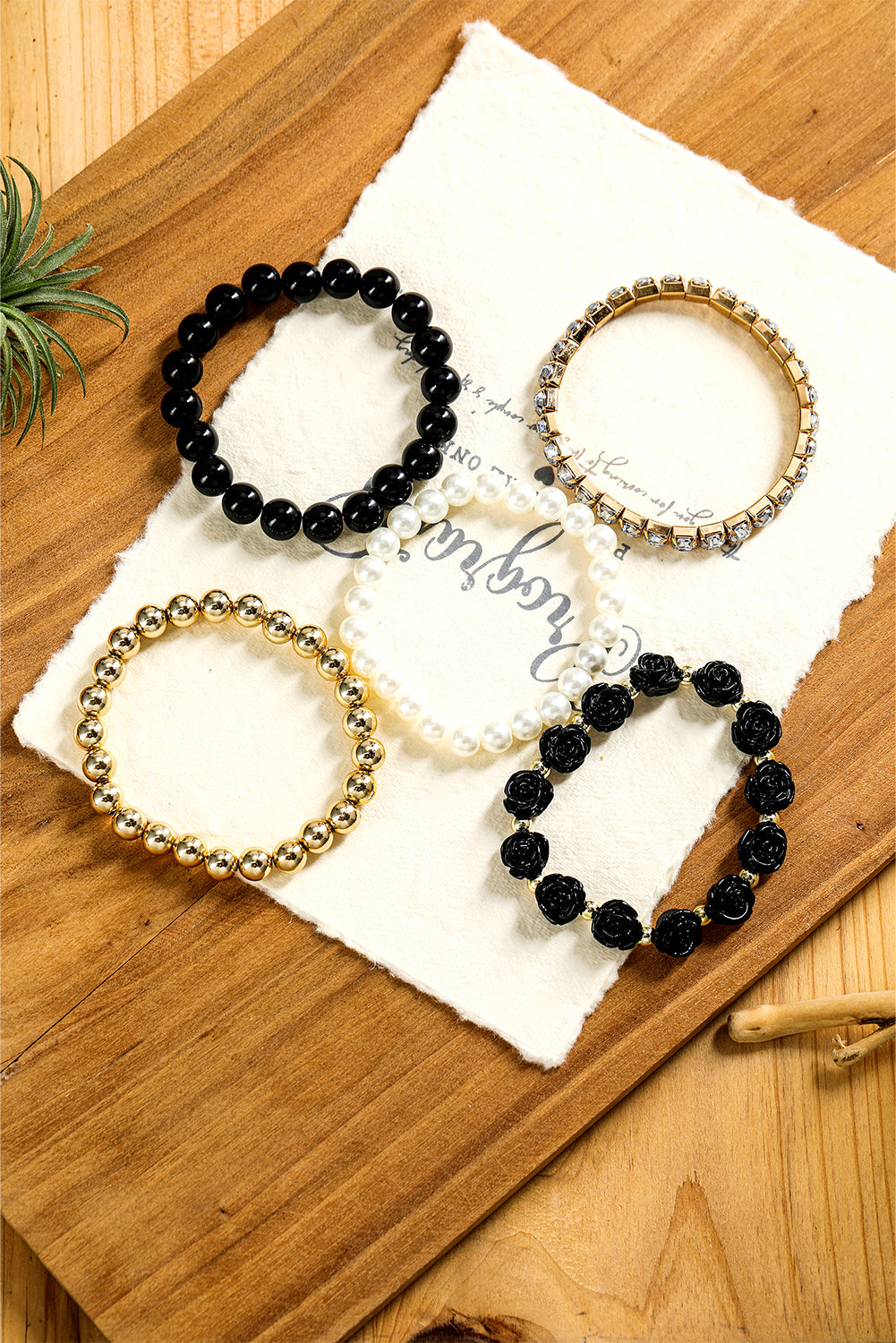 5 Piece Black, Gold & Ivory Stacking Bracelets