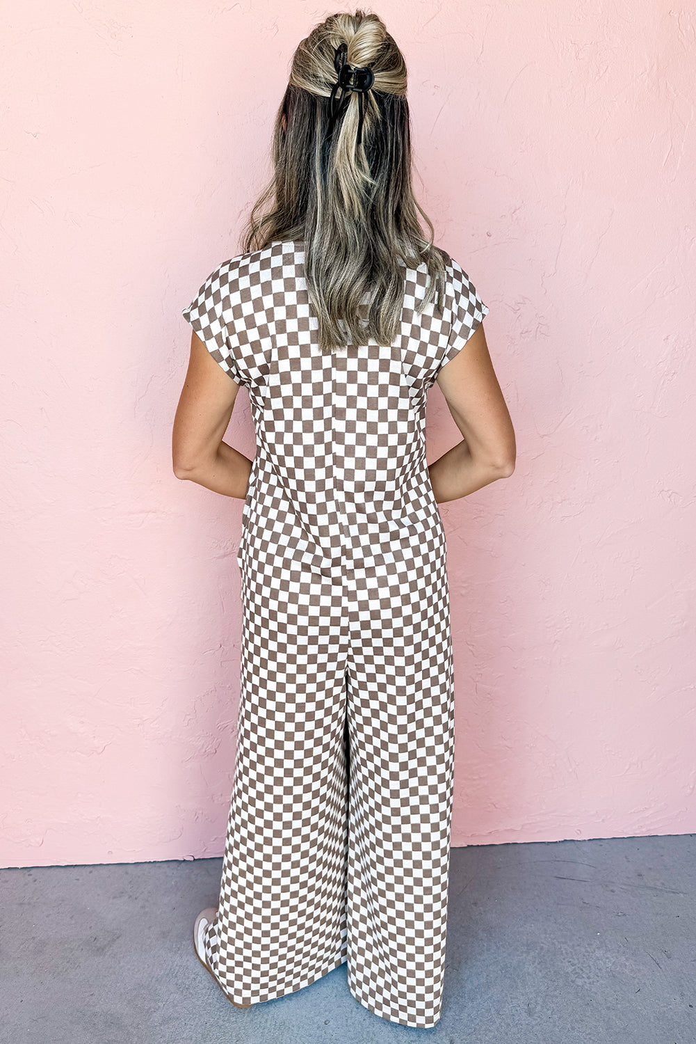 Mocha & White Checkerboard Wide Leg Jumpsuit