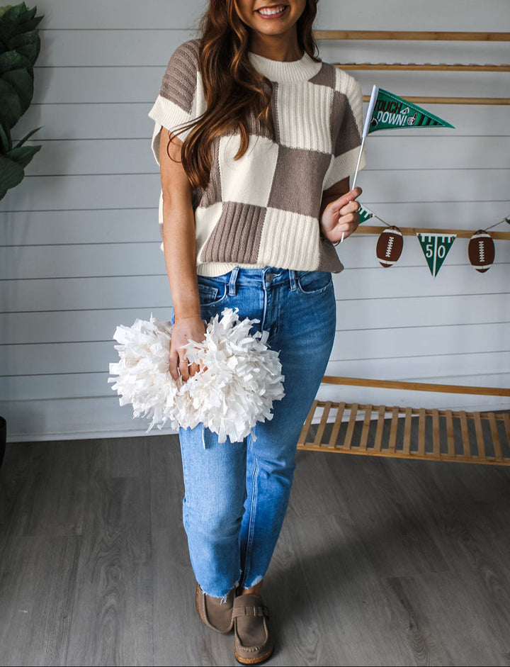 Color Block Checkered Cocoa and Ivory Cap Sleeve Sweater