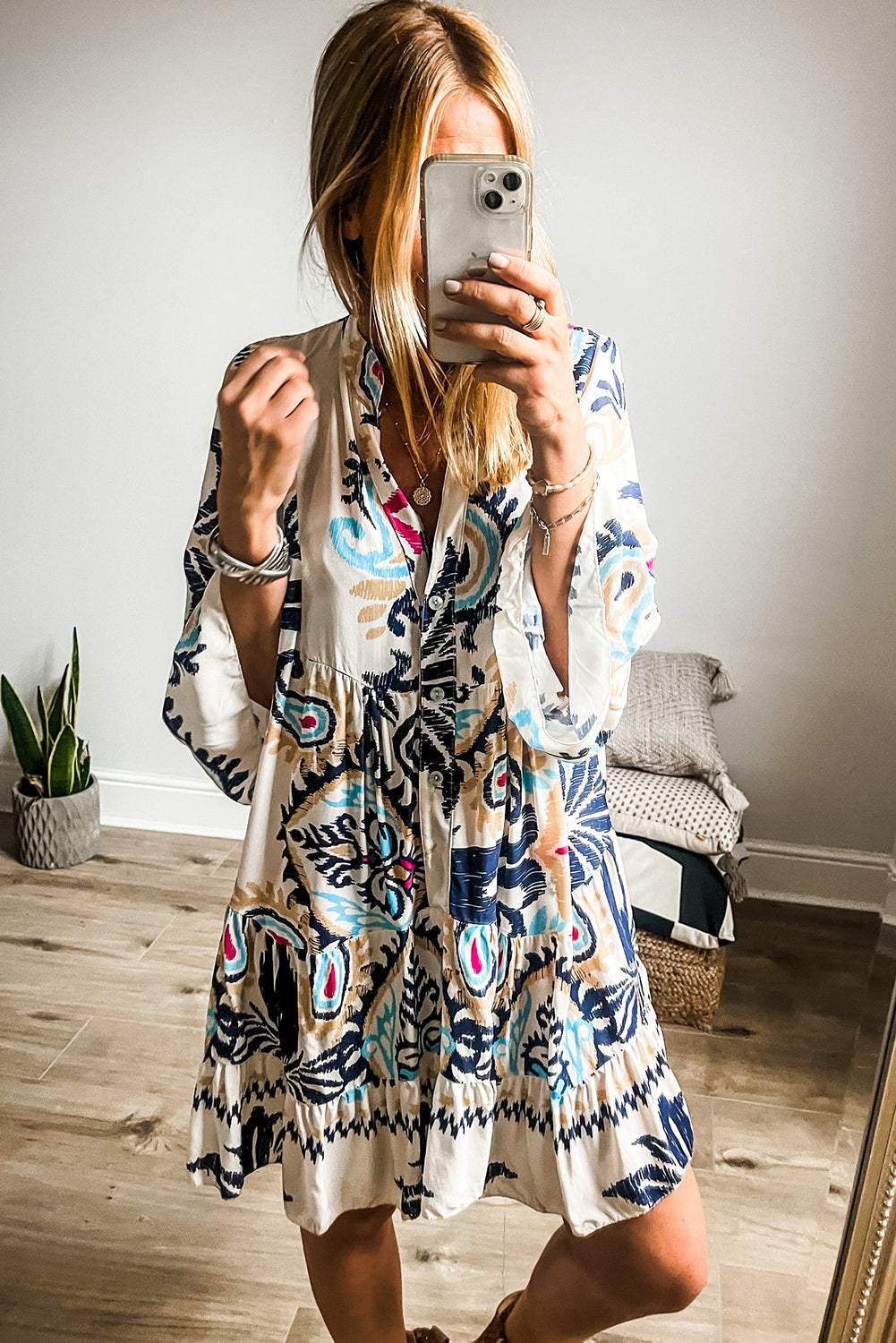 Abstract Tiered Layer Dress With 3/4 Bell Sleeves-Navy Print