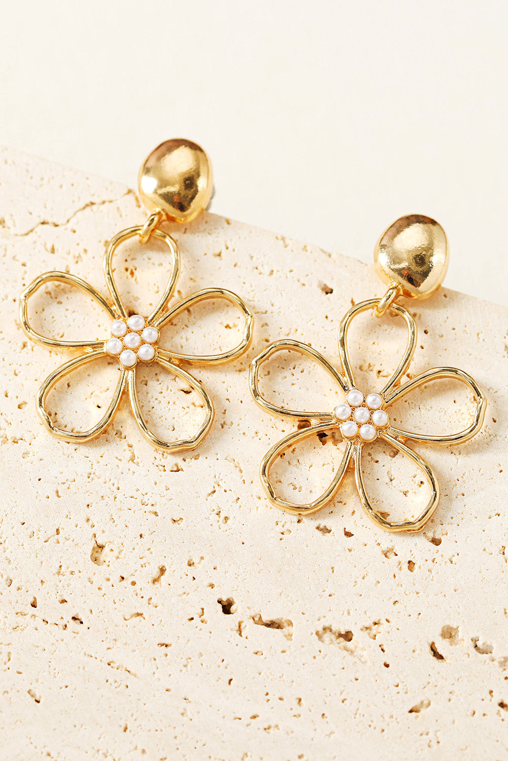 Gold Plated Dangle Flower Pierced Earrings with Faux Pearl Center