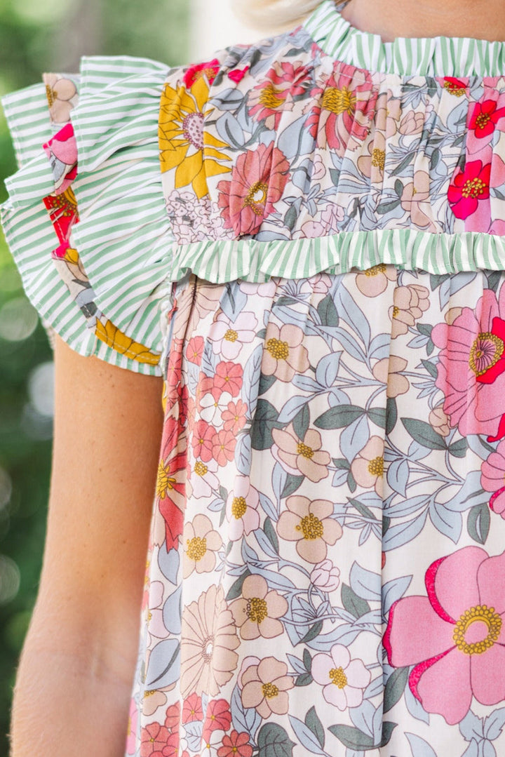 Floral Print Green Stripe Ruffles Contras Trim Cap Sleeve Blouse