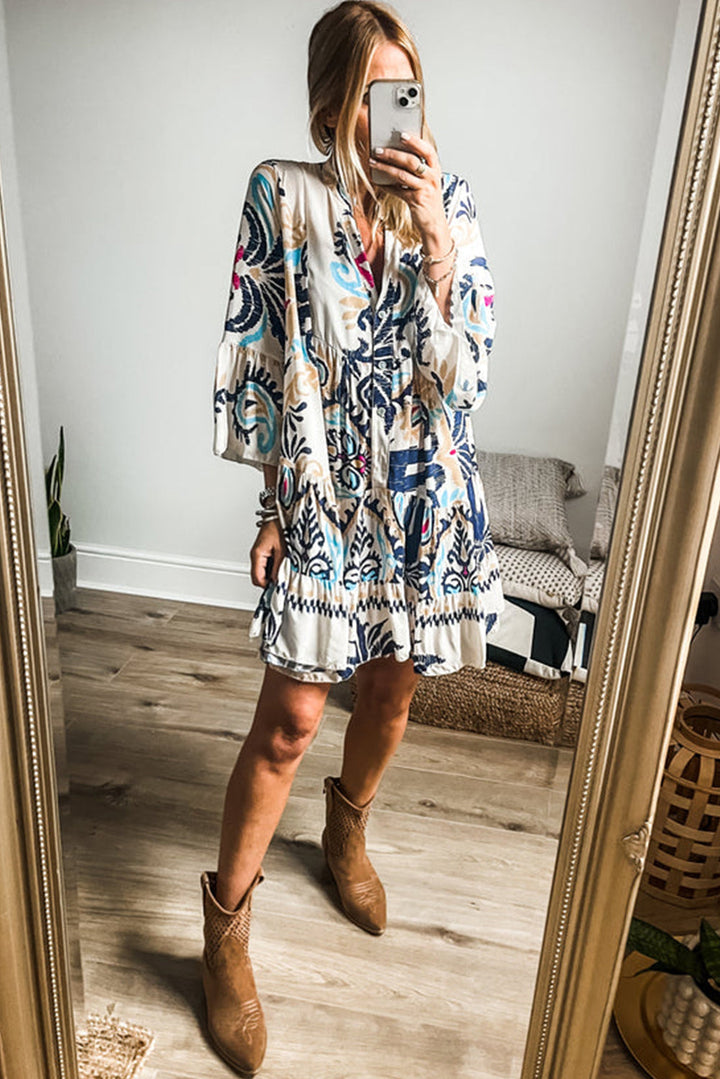 Abstract Tiered Layer Dress With 3/4 Bell Sleeves-Navy Print
