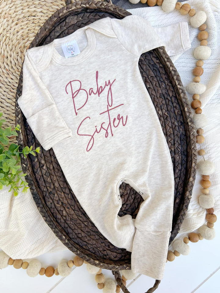 "Baby Sister" — Embroidered Oatmeal Onsie🎀