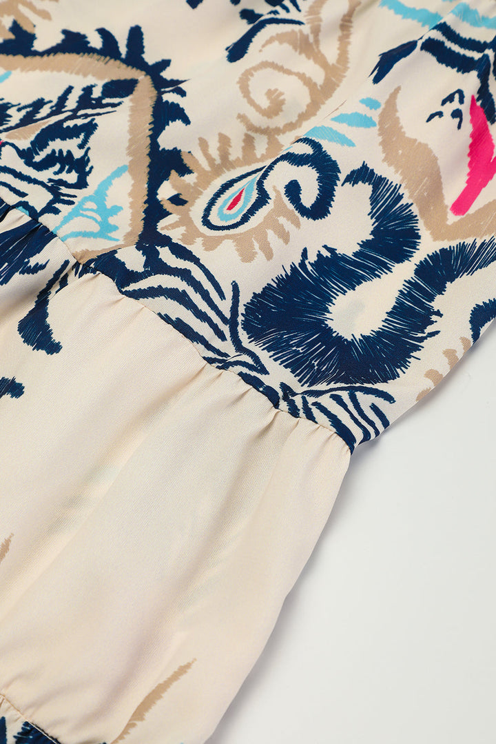 Abstract Tiered Layer Dress With 3/4 Bell Sleeves-Navy Print