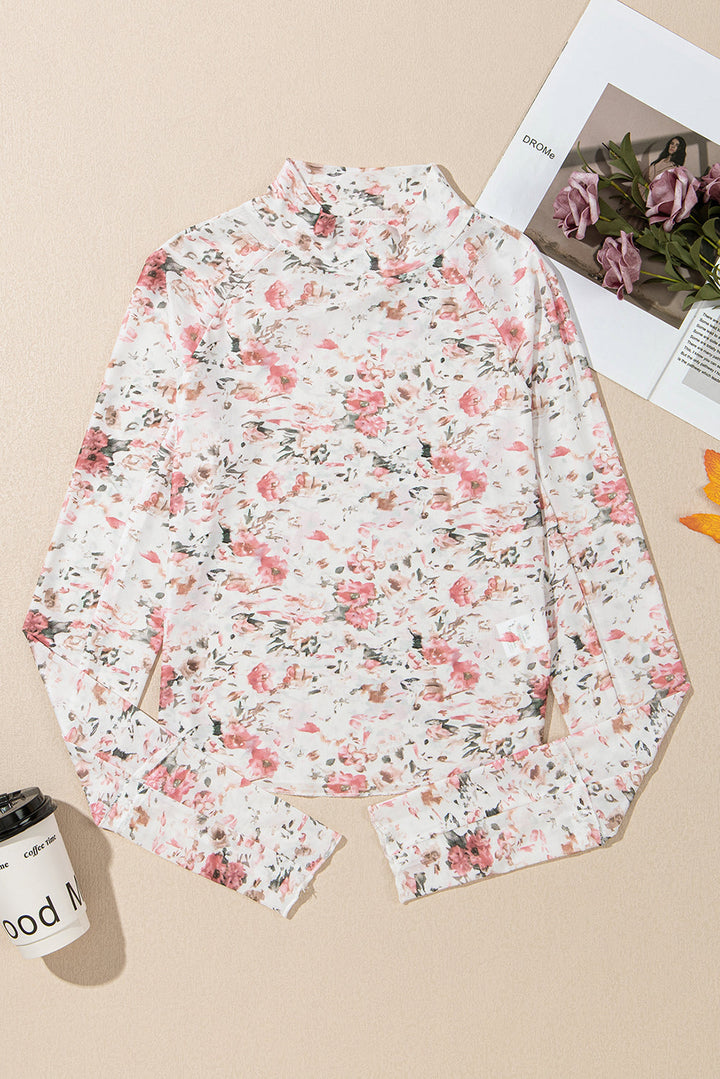 White Floral Long Sleeve High Neck Sheer Top