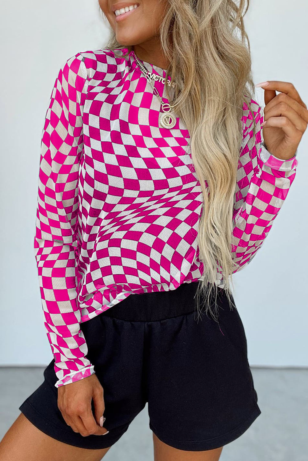 Hot Pink and White Checkered Pattern Mesh Neck Long Sleeve Stretch Top