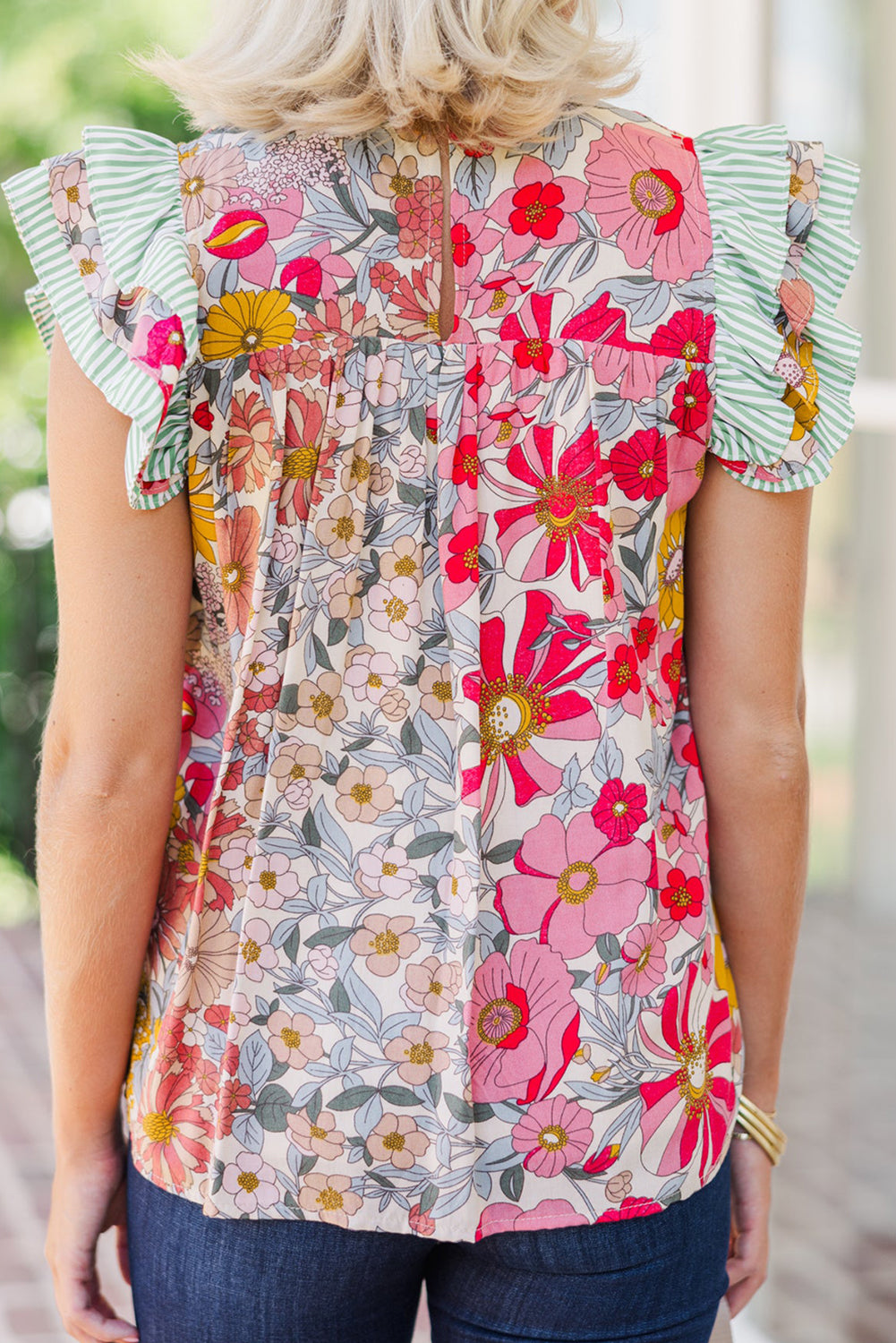 Floral Print Green Stripe Ruffles Contras Trim Cap Sleeve Blouse