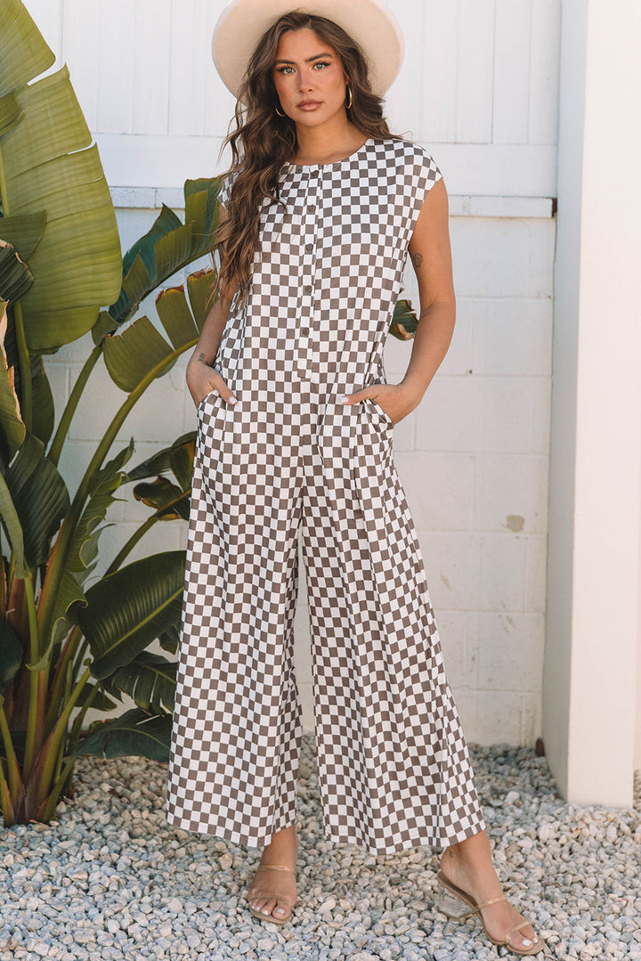 Mocha & White Checkerboard Wide Leg Jumpsuit