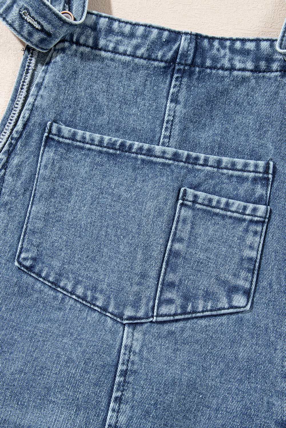 Blue Stone Washed Distressed Bib Pocket Wide Leg Denim Overall Tie Straps