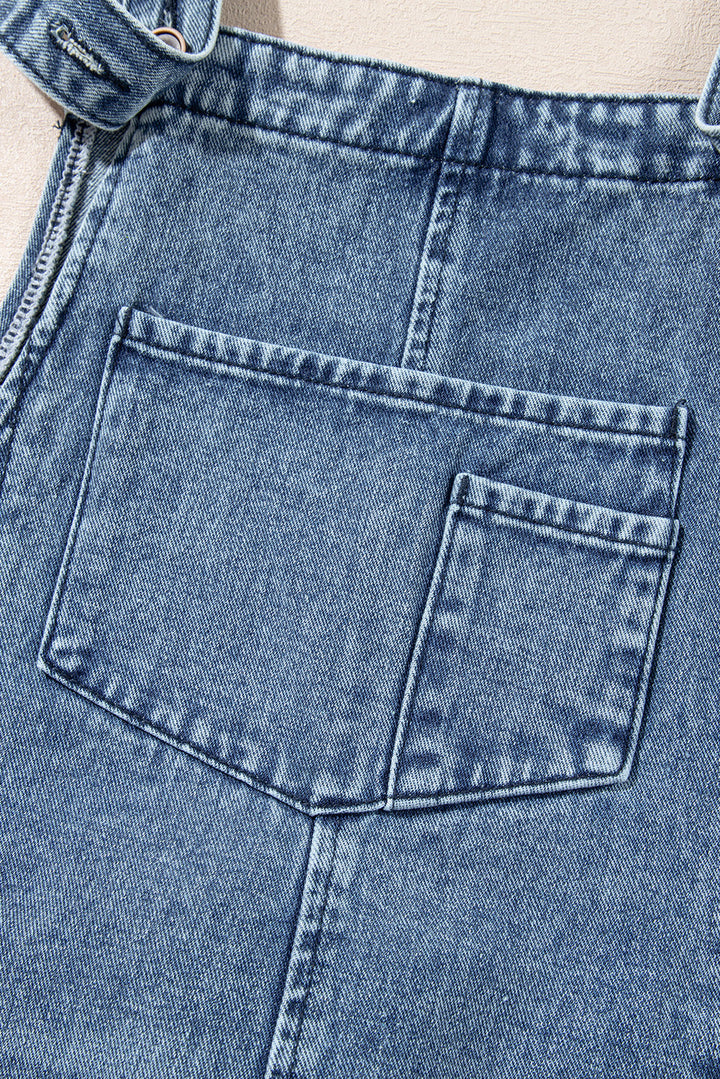 Blue Stone Washed Distressed Bib Pocket Wide Leg Denim Overall Tie Straps