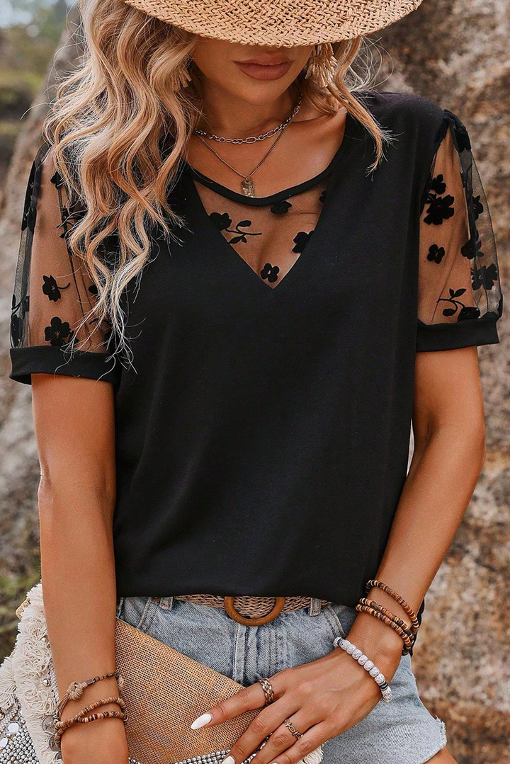 Black Short Sleeve Blouse with Sheer Floral Lace Sleeves