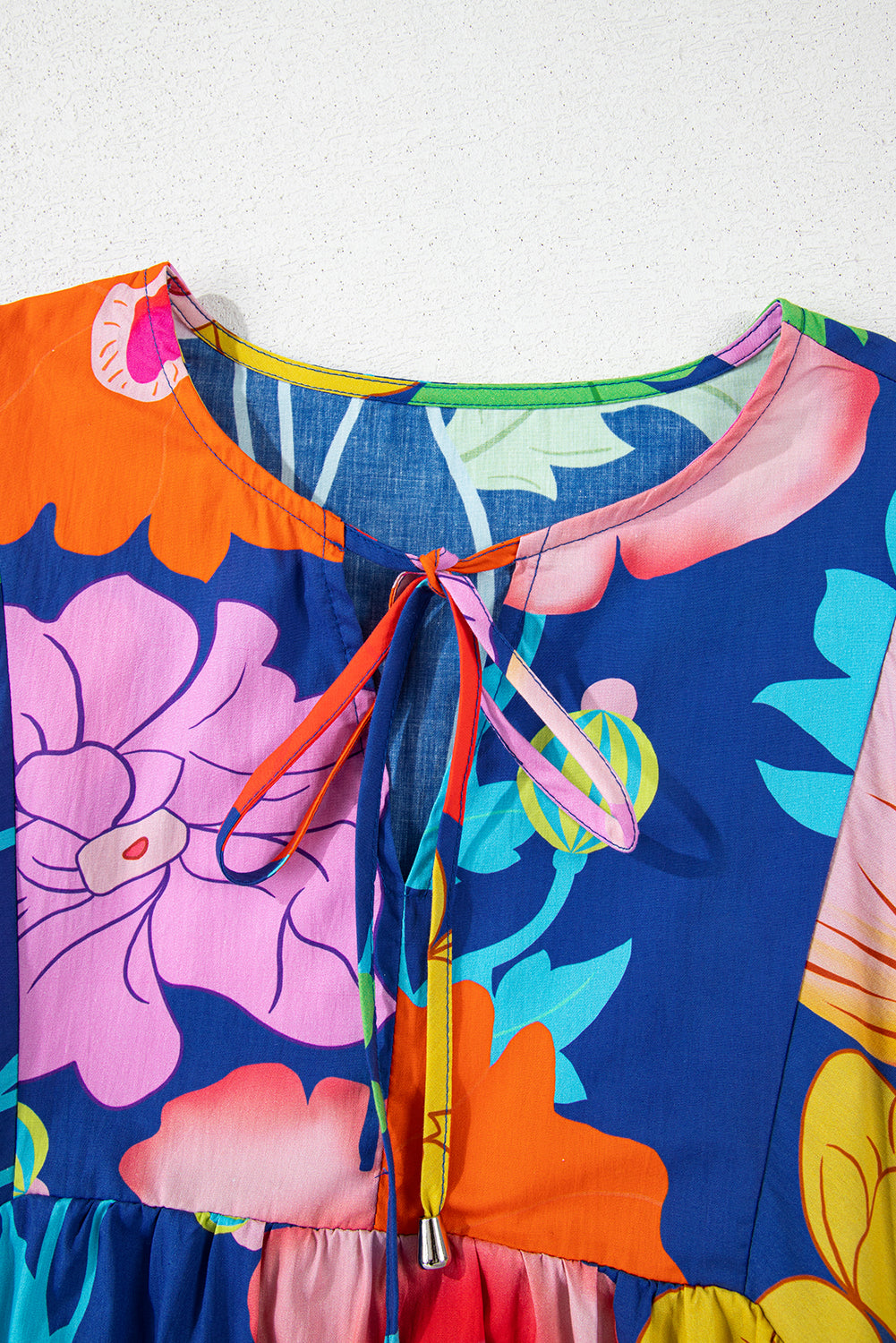 Royal Blue Floral Print V Neck Babydoll Dress