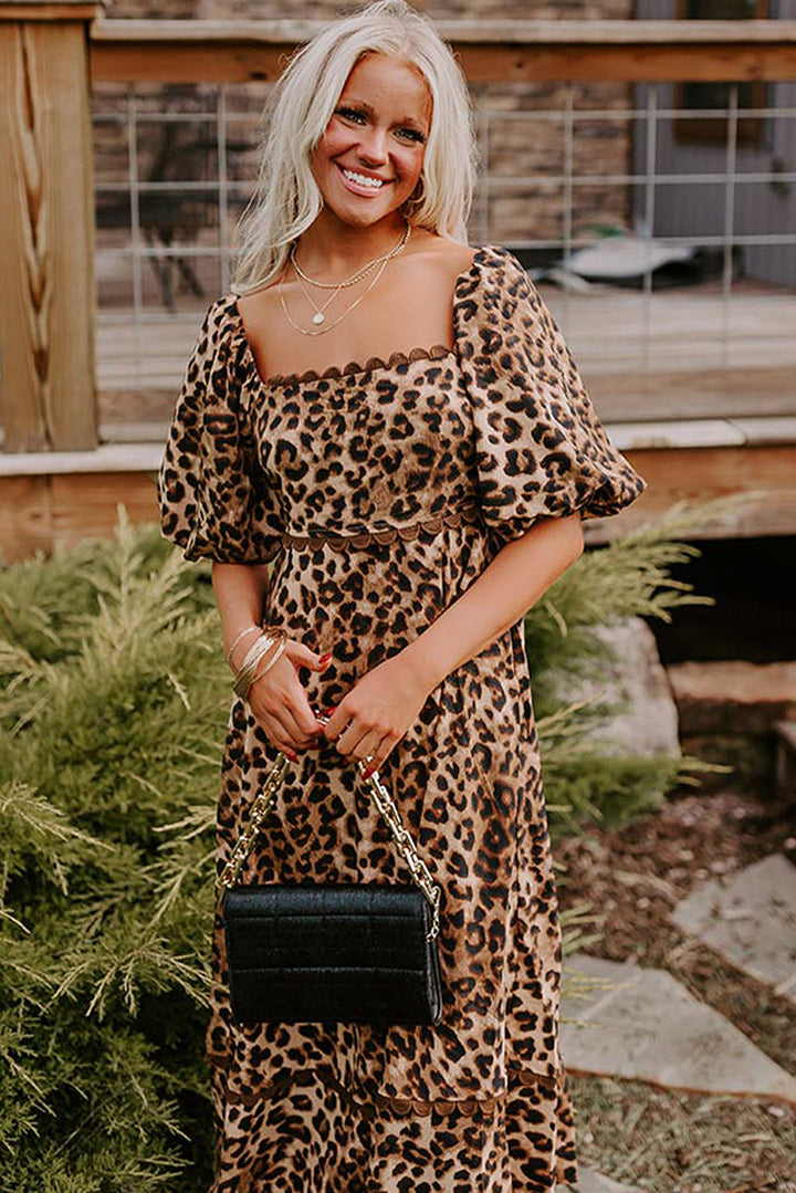 Leopard Print Bubble Sleeve Square Neck Maxi Dress