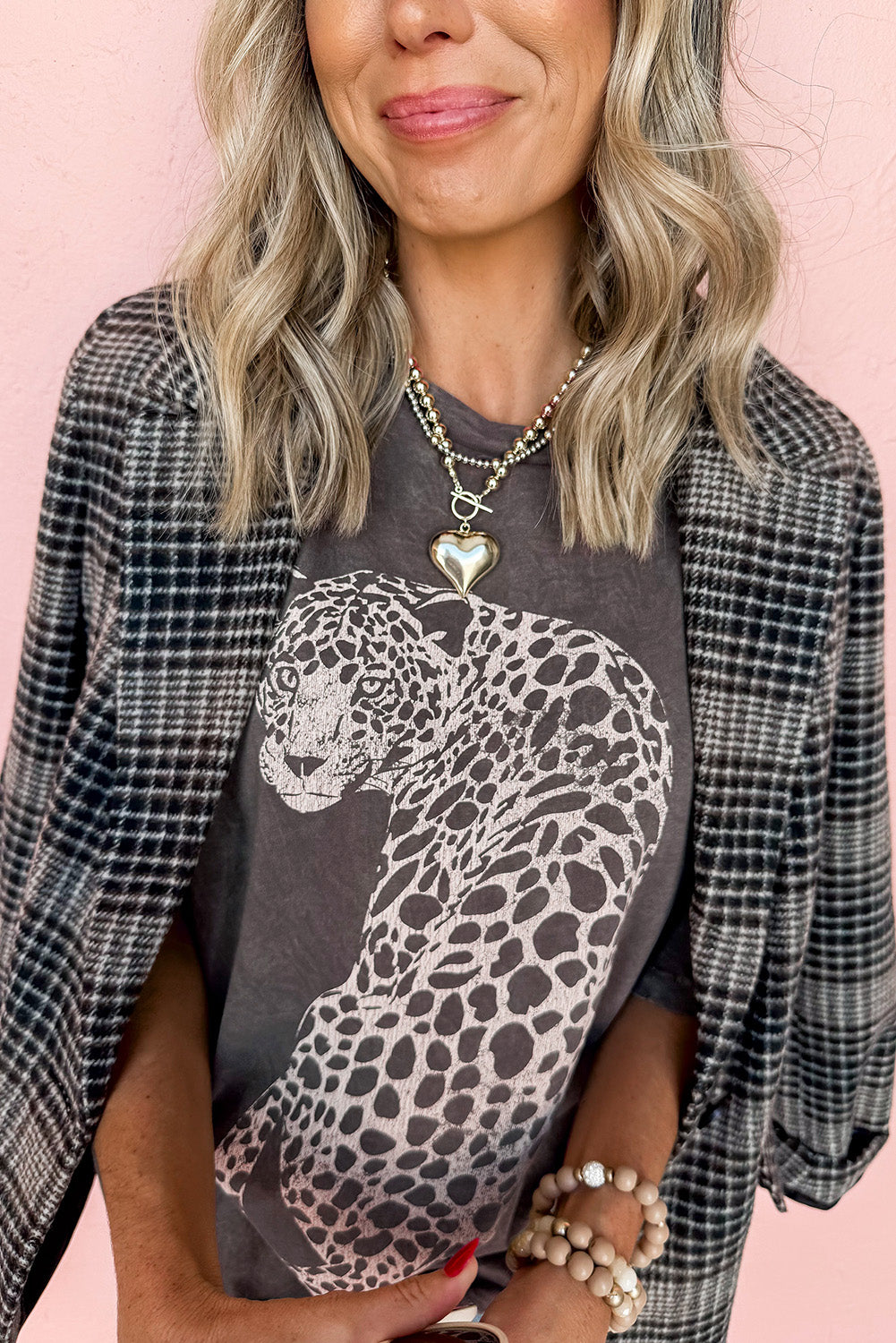 Vintage Cheetah Printed Mineral Wash Charcoal Gray Graphic Tee