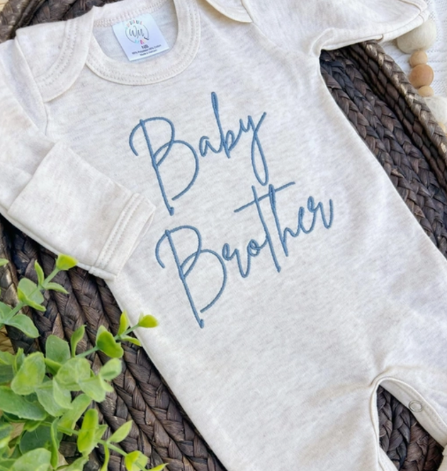 “Baby Brother” Embroidered Onsie in Oatmeal