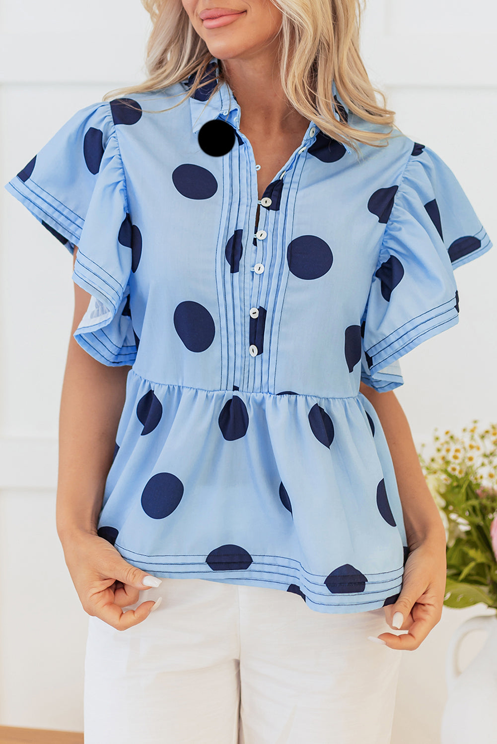 Blue Polka Dot Print Ruffled Short Sleeve Buttoned Collared Blouse