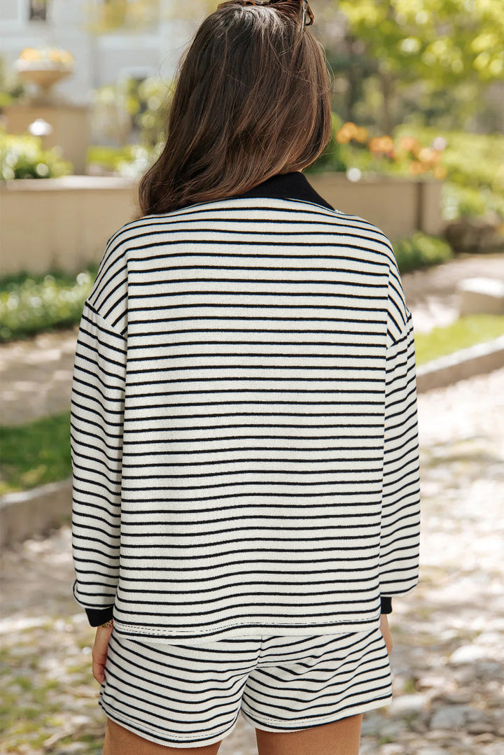 Black & Ivory Striped Collared Long Sleeve Top and Drawstring Shorts Set