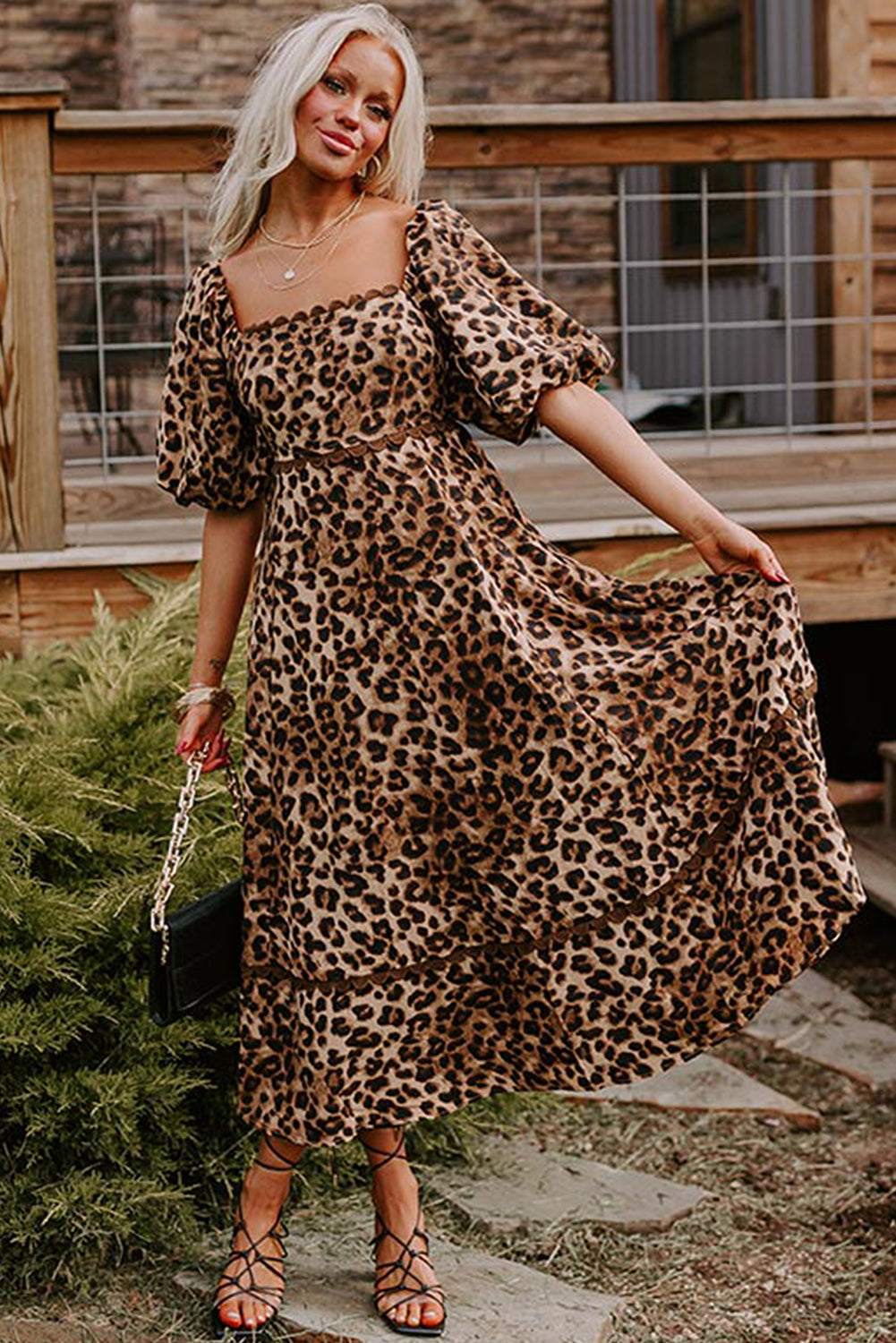 Leopard Print Bubble Sleeve Square Neck Maxi Dress