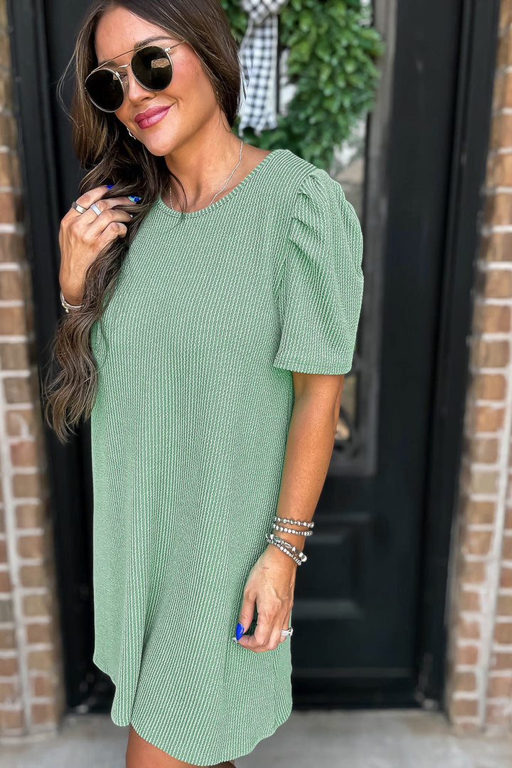 Spring Meadow Green Corded Knit Crew Neck Puff Sleeve Dress with Pockets