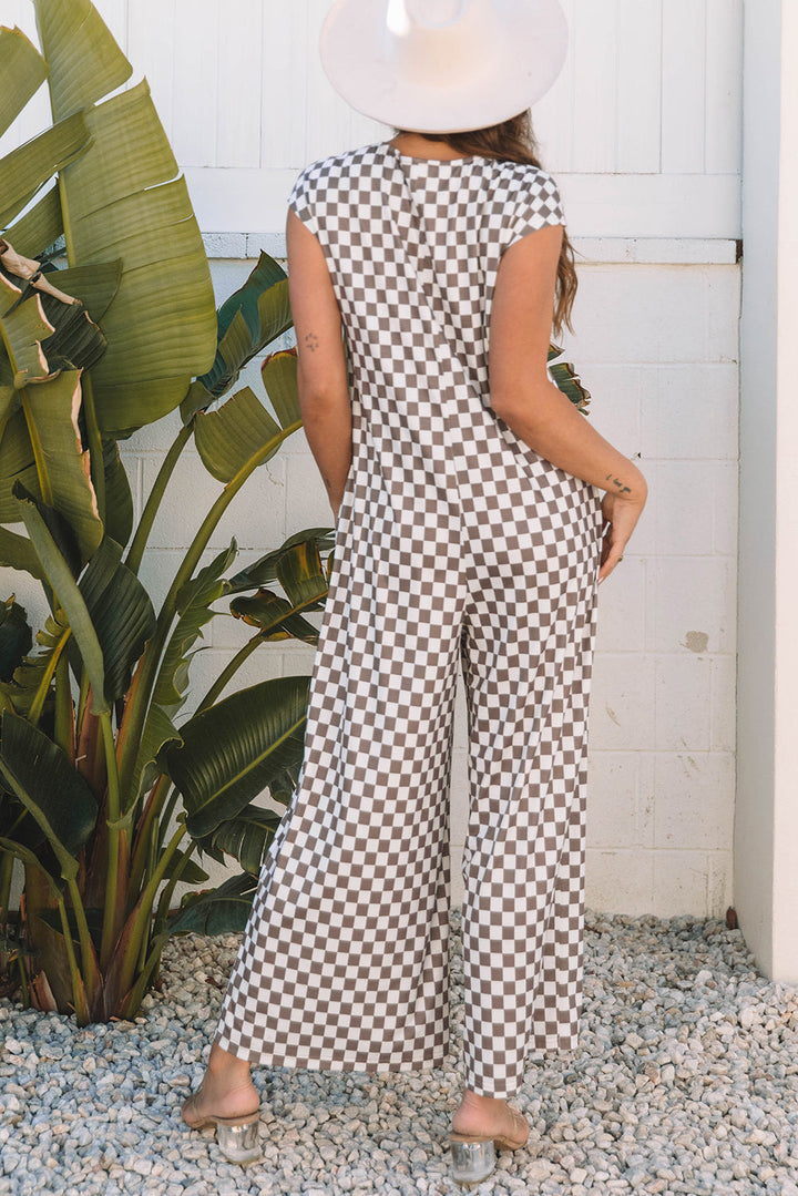 Mocha & White Checkerboard Wide Leg Jumpsuit