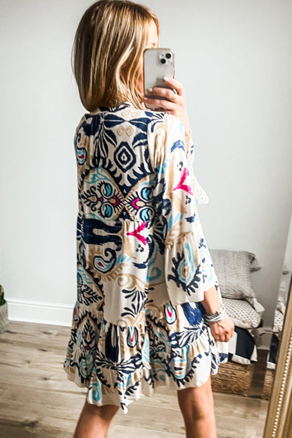 Abstract Tiered Layer Dress With 3/4 Bell Sleeves-Navy Print