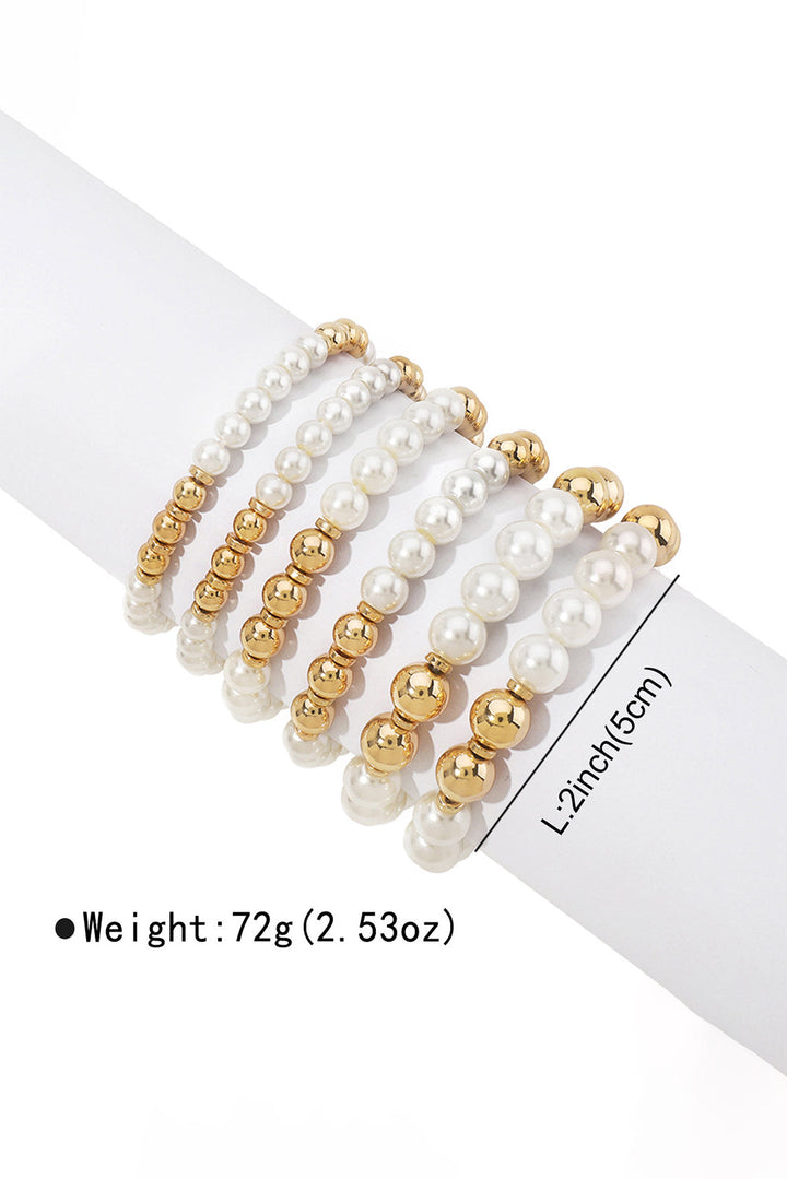 6 Piece Beaded Gold Tone And Faux Pearl Stacking Bracelet Set