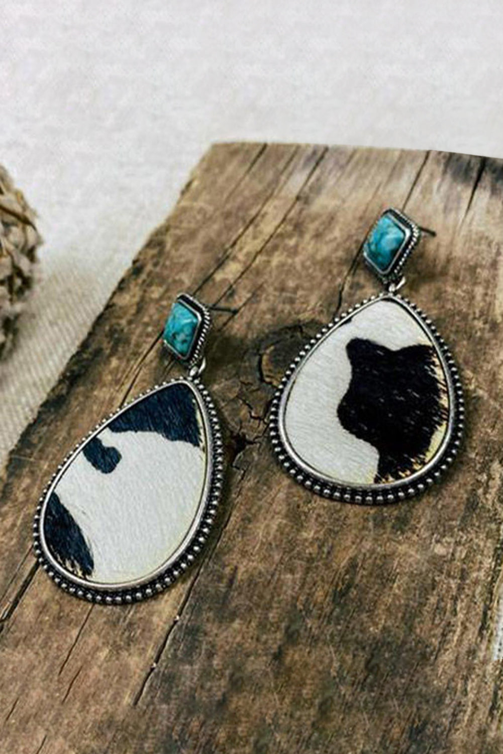 Black & White Cow Hide Turquoise Colored Drop Pierced Earrings