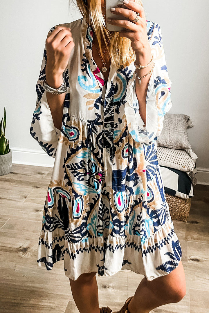 Abstract Tiered Layer Dress With 3/4 Bell Sleeves-Navy Print