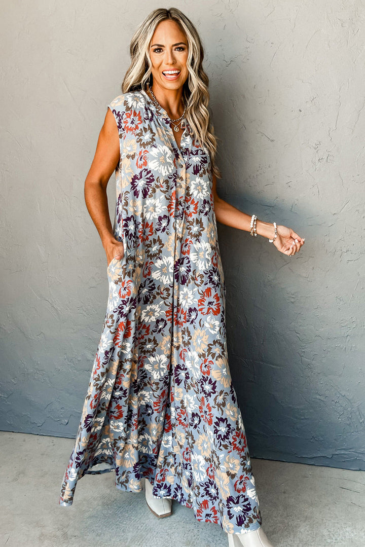 Blue Floral Sleeveless Buttoned Pocketed Wide Leg