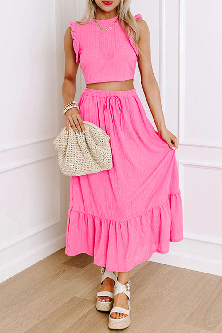 Pretty in Pink Textured Ruffle Trim Long Skirt Set with Crop Top