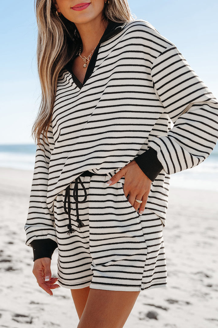 Black & Ivory Striped Collared Long Sleeve Top and Drawstring Shorts Set