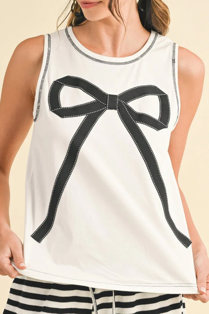 White Sleeveless Bow Graphic Tank Top With Black Stitching