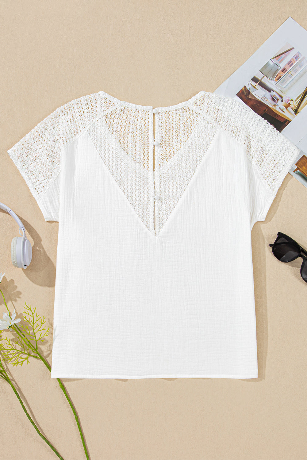 Winter White Lace Back Crochet Button Back V Neck Blouse