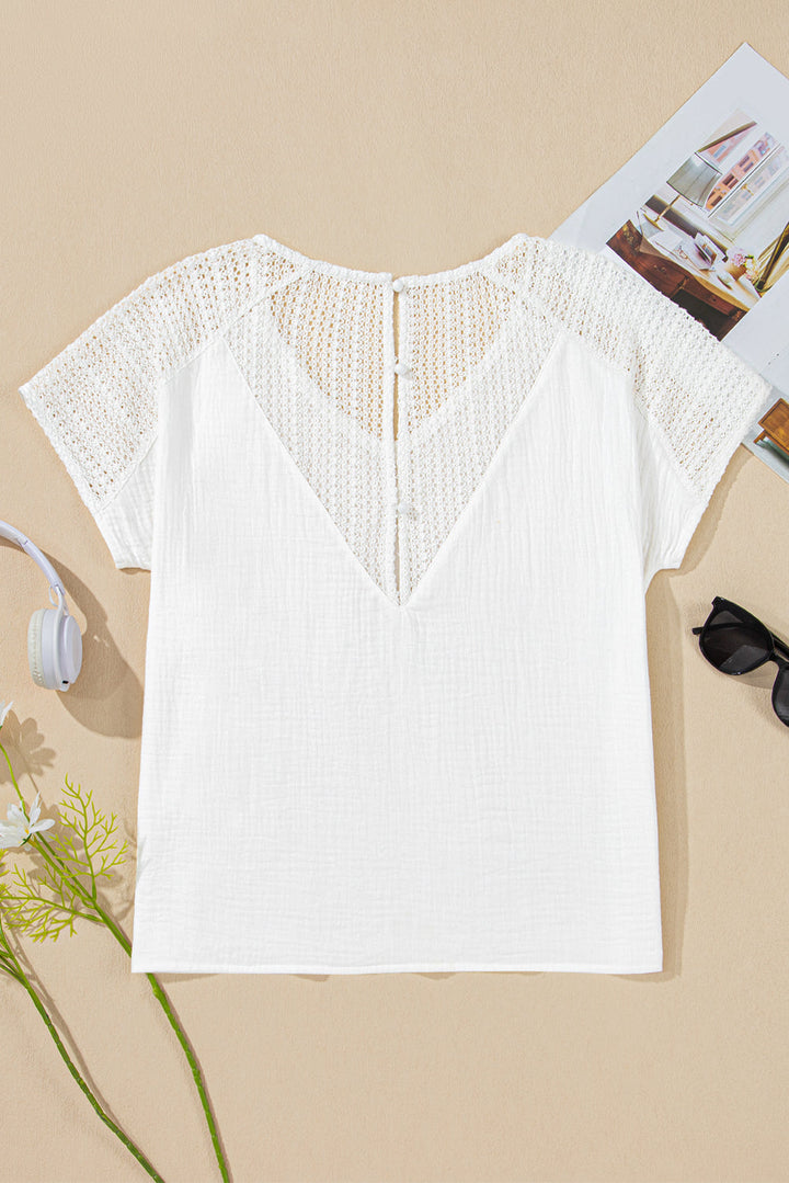 Winter White Lace Back Crochet Button Back V Neck Blouse