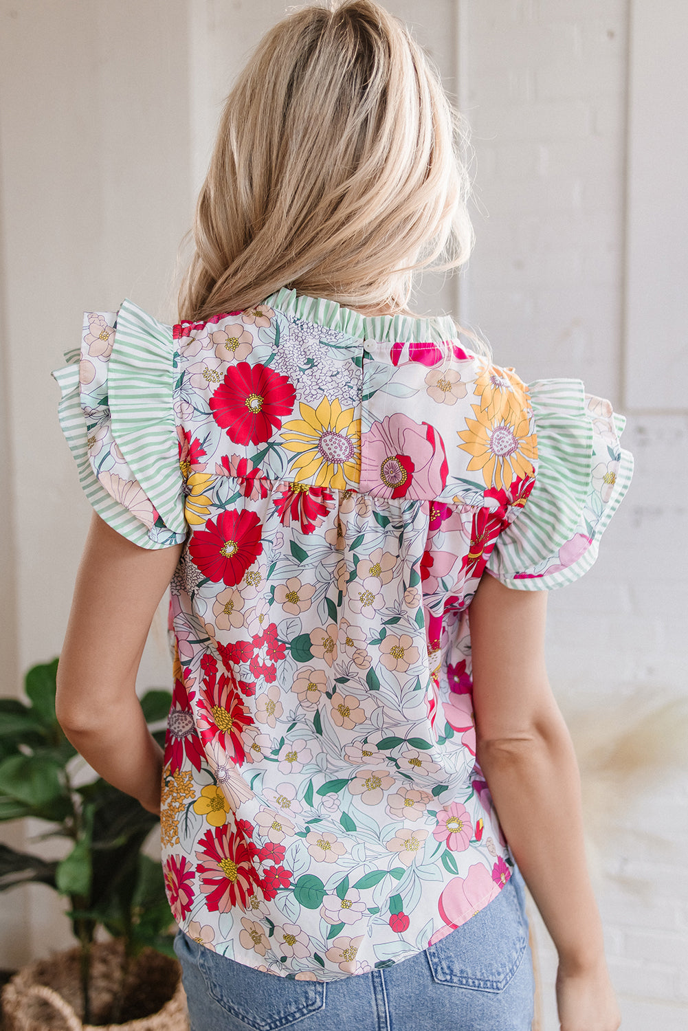 Floral Print Green Stripe Ruffles Contras Trim Cap Sleeve Blouse