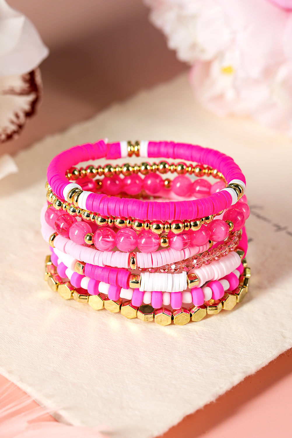 8 Piece Hot Pink Layering Stretch Bracelet Set