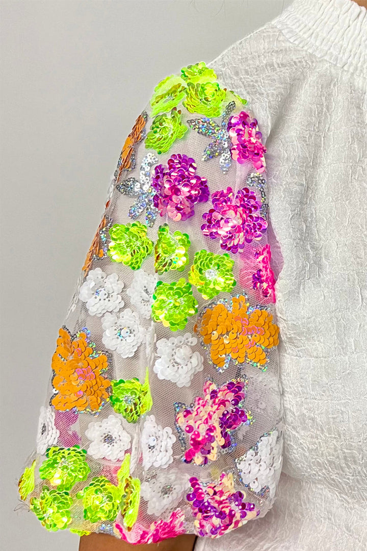 White High Collar Sequin Flower Puff Sleeve Textured Top