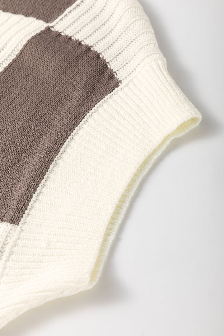 Color Block Checkered Cocoa and Ivory Cap Sleeve Sweater