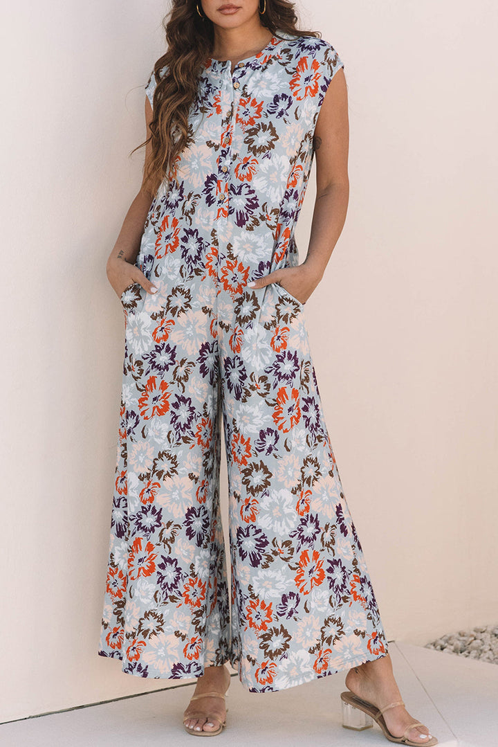 Blue Floral Sleeveless Buttoned Pocketed Wide Leg